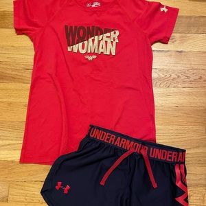 Under Armour Youth Shirt Red Sz M and navy shorts